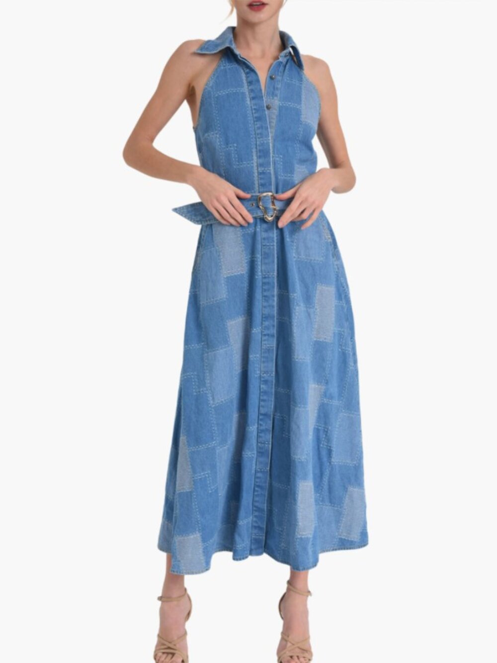 NWT CIEBON Dixie Belted Sleeveless Patchwork Blue Denim Maxi Dress Medium